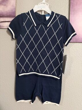 Draper James Argyle Polo Sweater Short Set size 18 months in navy Blue white new